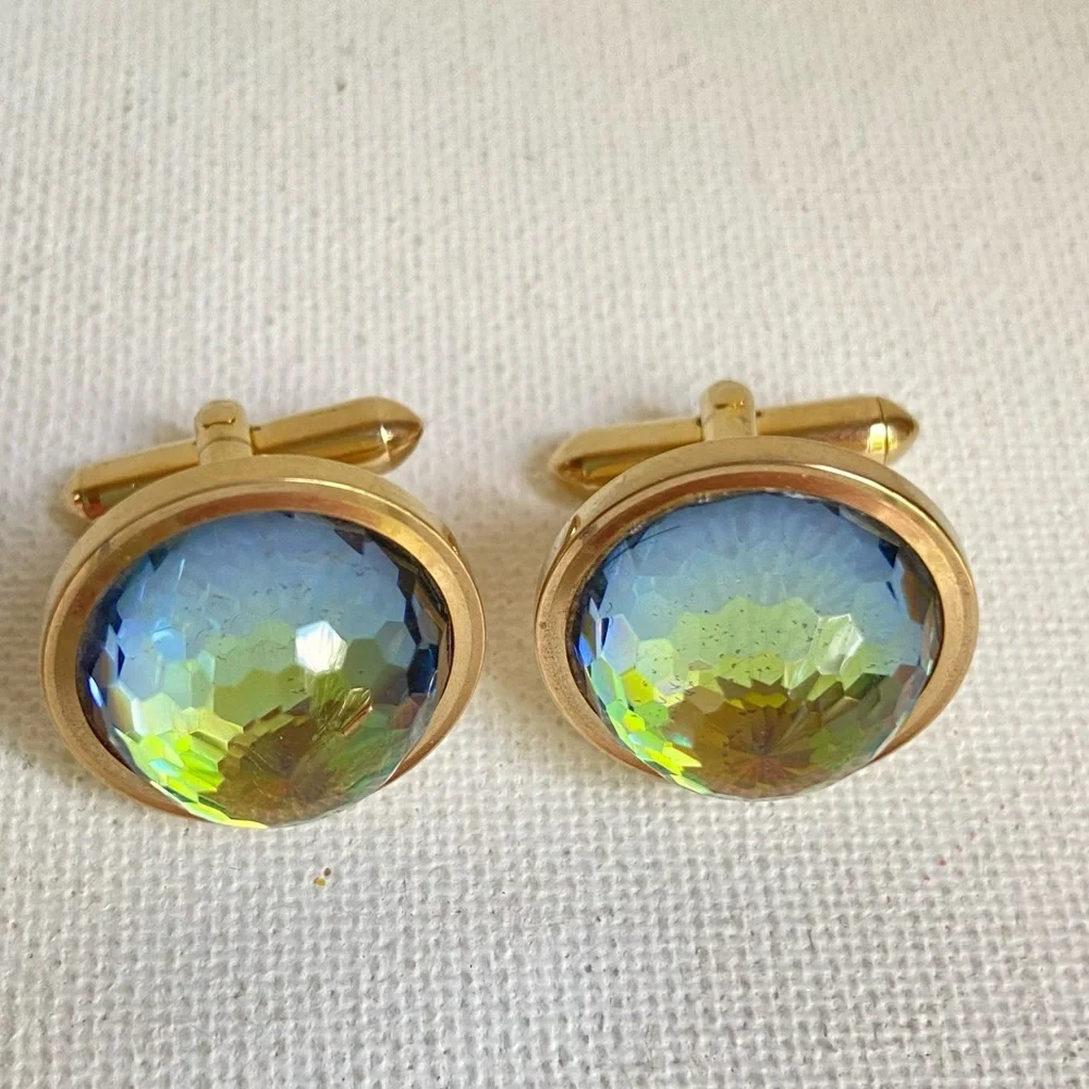SWANK Grand Prix cuff links vintage with multicolored faceted rhinestones in box